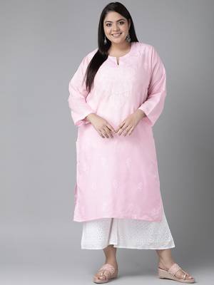 Hand Embroidered Baby Pink Cotton Lucknow Chikankari Women Kurta 6