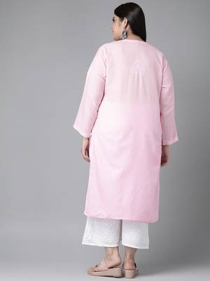 Hand Embroidered Baby Pink Cotton Lucknow Chikankari Women Kurta 7
