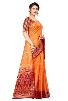 Orange woven faux kanjivaram silk saree with blouse 1