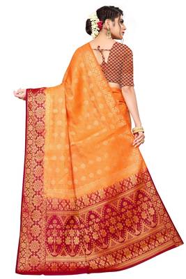 Orange woven faux kanjivaram silk saree with blouse 2