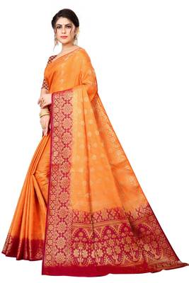 Orange woven faux kanjivaram silk saree with blouse 3