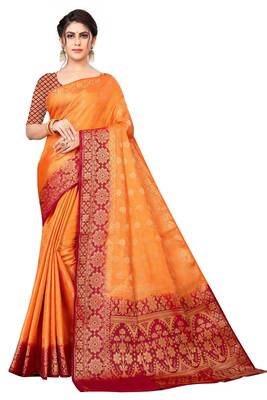 Orange woven faux kanjivaram silk saree with blouse 4