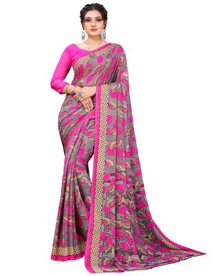 Pink printed faux georgette saree with blouse 1