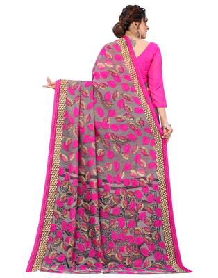 Pink printed faux georgette saree with blouse 2