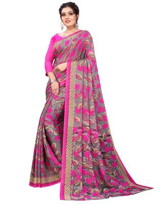 Pink printed faux georgette saree with blouse 3