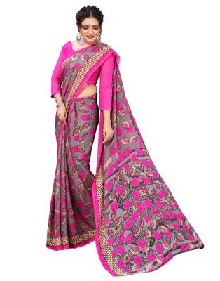 Pink printed faux georgette saree with blouse 4