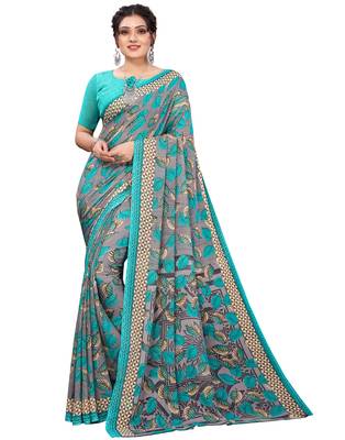 Green printed faux georgette saree with blouse 1