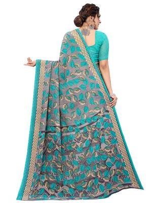 Green printed faux georgette saree with blouse 2