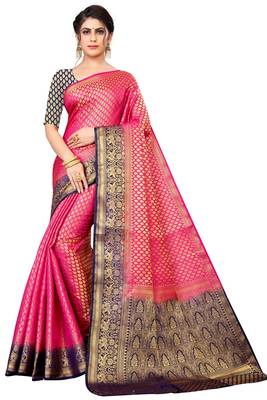 Peach woven faux kanjivaram silk saree with blouse 1