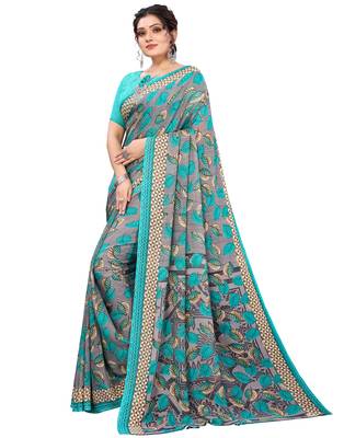 Green printed faux georgette saree with blouse 3