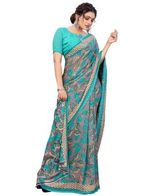 Green printed faux georgette saree with blouse 4
