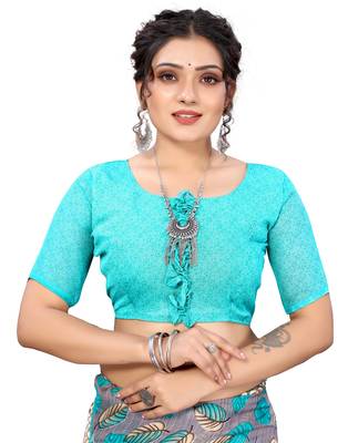 Green printed faux georgette saree with blouse 5