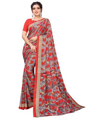 Red printed faux georgette saree with blouse 1
