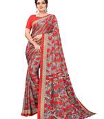 Red printed faux georgette saree with blouse