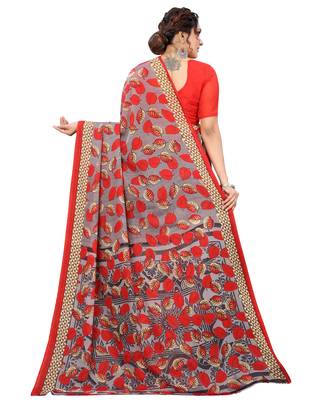 Red printed faux georgette saree with blouse 2