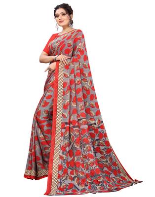 Red printed faux georgette saree with blouse 3