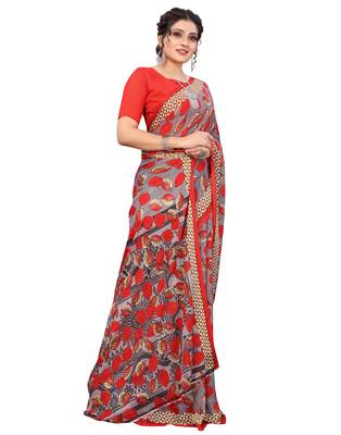 Red printed faux georgette saree with blouse 4