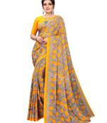 Yellow printed faux georgette saree with blouse