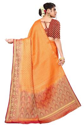 Orange woven faux kanjivaram silk saree with blouse 2
