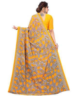 Yellow printed faux georgette saree with blouse 2