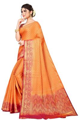 Orange woven faux kanjivaram silk saree with blouse 3