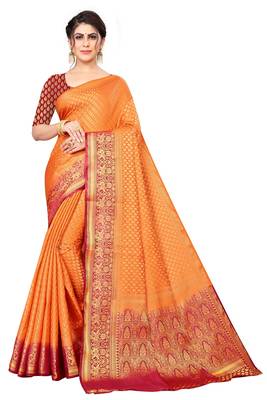 Orange woven faux kanjivaram silk saree with blouse 4