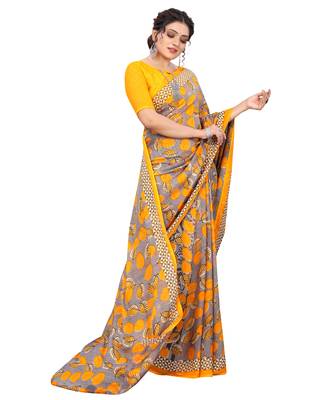 Yellow printed faux georgette saree with blouse 4