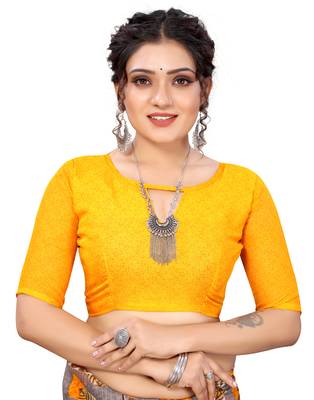 Yellow printed faux georgette saree with blouse 5