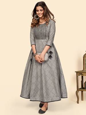Vbuyz Women'S Embroidered Anarkali Cotton Bland Grey Stitched Kurta 2