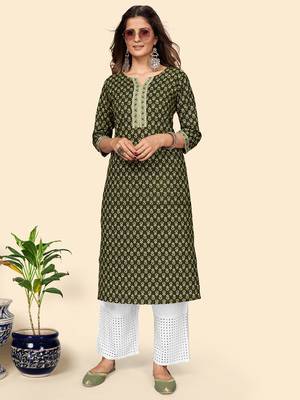 Vbuyz Women'S Floral Print Straight Cotton Green Stitched Kurta 2