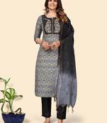 Vbuyz Women'S Embroidered Straight Cotton Bland Grey Stitched Kurta Pant With Dupatta