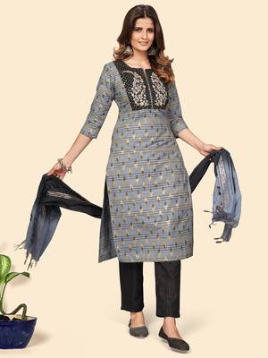 Vbuyz Women'S Embroidered Straight Cotton Bland Grey Stitched Kurta Pant With Dupatta 2