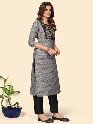Vbuyz Women'S Embroidered Straight Cotton Bland Grey Stitched Kurta Pant With Dupatta 5