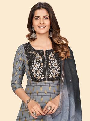 Vbuyz Women'S Embroidered Straight Cotton Bland Grey Stitched Kurta Pant With Dupatta 6