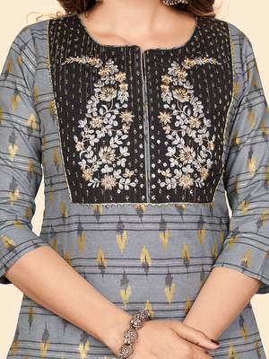 Vbuyz Women'S Embroidered Straight Cotton Bland Grey Stitched Kurta Pant With Dupatta 7
