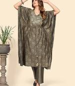 Vbuyz Women'S Print & Embroidered Straight Chanderi Grey Stitched Kaftan Kurta With Pant Set