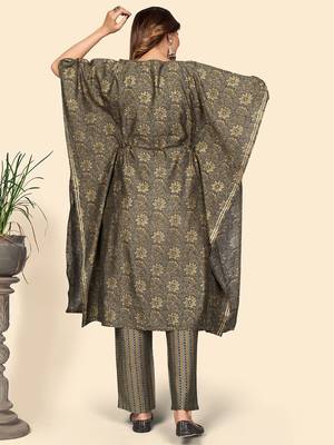Vbuyz Women'S Print & Embroidered Straight Chanderi Grey Stitched Kaftan Kurta With Pant Set 3