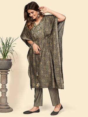 Vbuyz Women'S Print & Embroidered Straight Chanderi Grey Stitched Kaftan Kurta With Pant Set 4