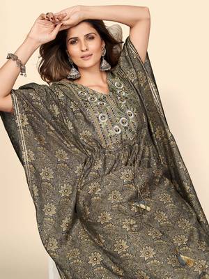 Vbuyz Women'S Print & Embroidered Straight Chanderi Grey Stitched Kaftan Kurta With Pant Set 6