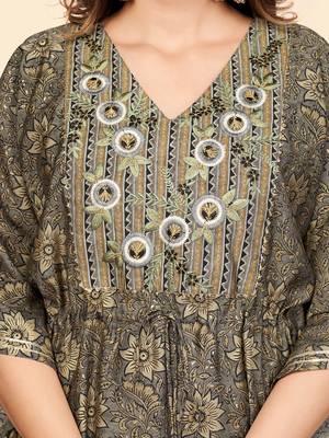 Vbuyz Women'S Print & Embroidered Straight Chanderi Grey Stitched Kaftan Kurta With Pant Set 7