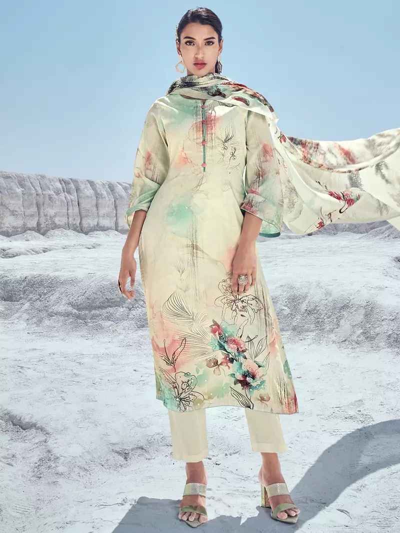 Cream printed cotton salwar