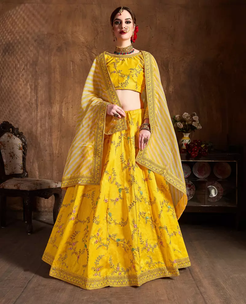 Yellow Dori, Zari, Thread and Glitter Sequins Embroidered Mulbury Silk semi stitched bridal wedding lehenga