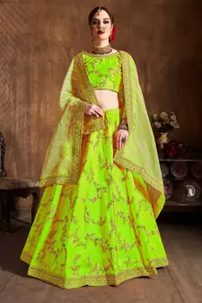 Neon Green Dori, Zari, Thread and Glitter Sequins Embroidered Mulbury Silk semi stitched bridal Lehenga