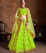 Neon Green Dori, Zari, Thread and Glitter Sequins Embroidered Mulbury Silk semi stitched bridal Lehenga