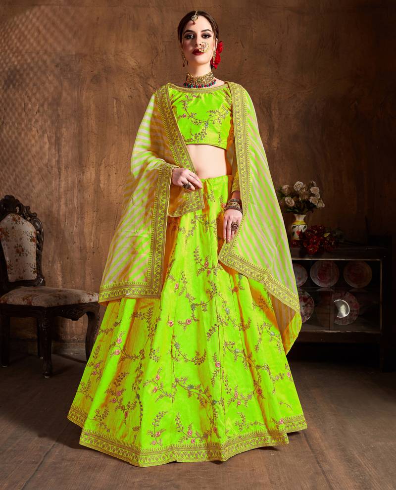 Neon Green Dori, Zari, Thread and Glitter Sequins Embroidered Mulbury Silk semi stitched bridal Lehenga