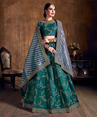 Dark Green Dori, Zari, Thread and Glitter Sequins Embroidered Mulberry Silk Semi Stitched Lehenga choli 1