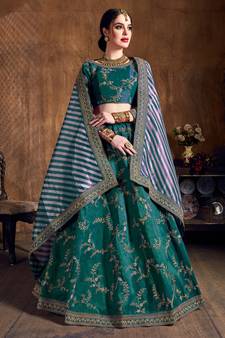Dark Green Dori, Zari, Thread and Glitter Sequins Embroidered Mulberry Silk Semi Stitched Lehenga choli