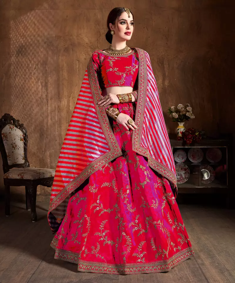 Heavenly Pink Dori, Zari, Thread and Glitter Sequins Embroidered Mulbury Silk Semi Stitched Ceremonial Lehenga
