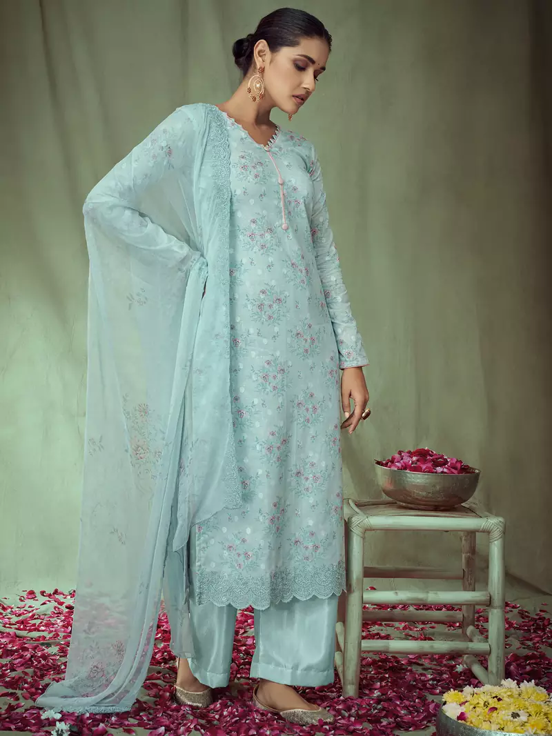 Turquoise embroidered jacquard salwar