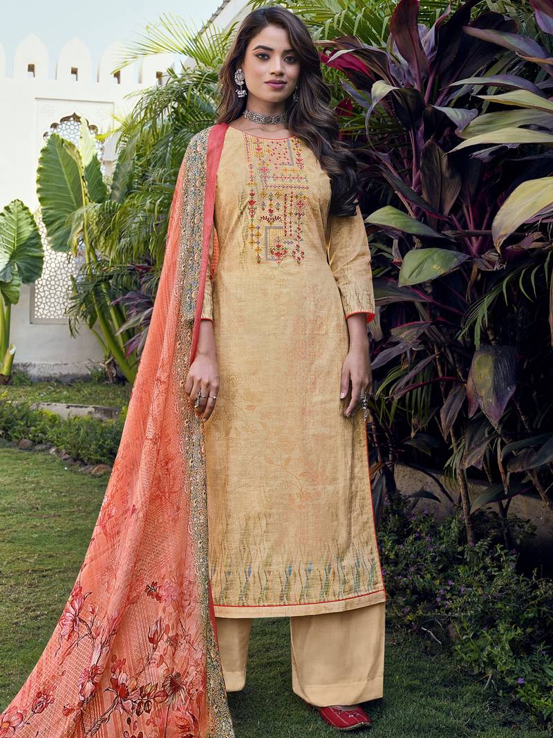 Beige embroidered cotton salwar